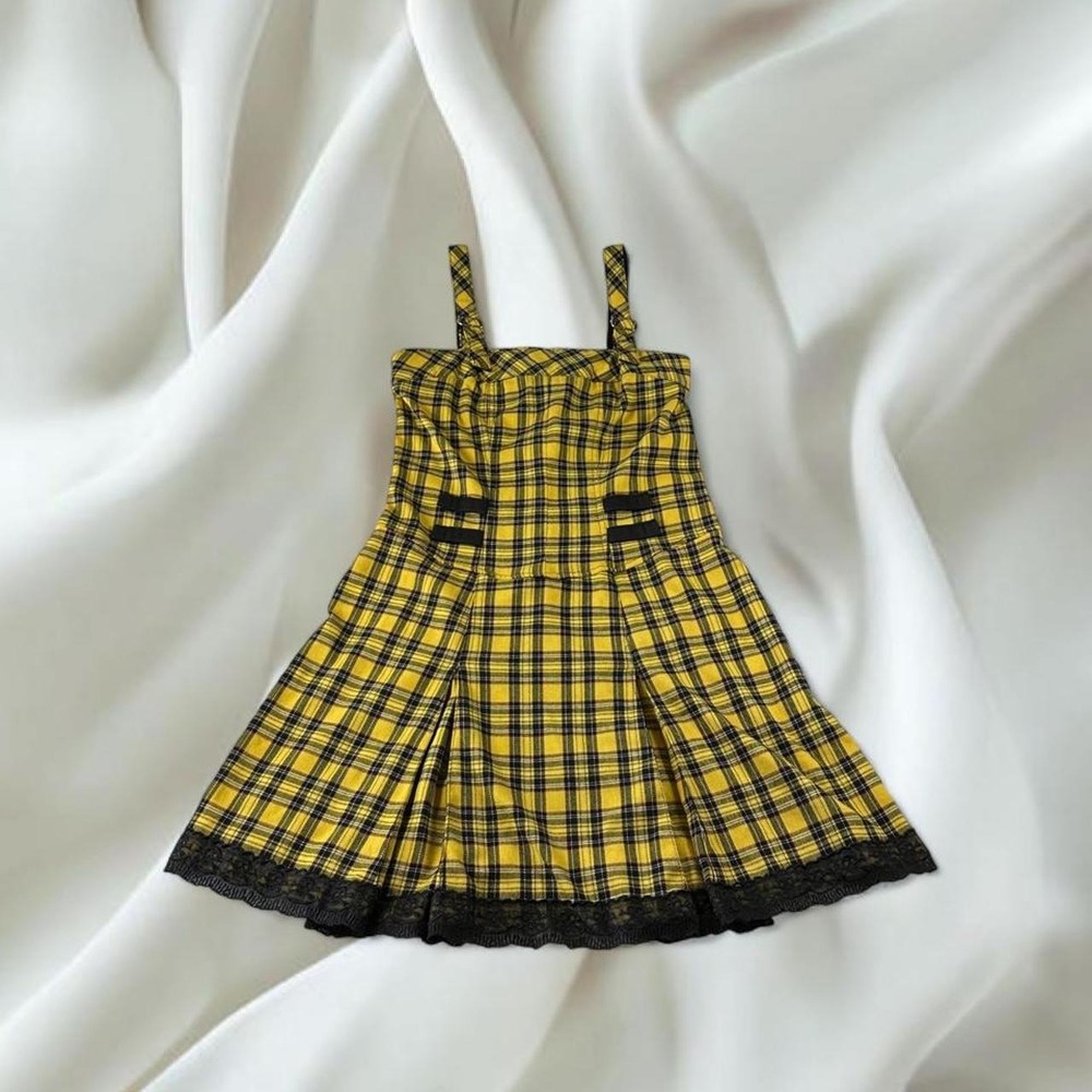 Tripp NYC yellow black plaid punk pleated schoolgirl mini dress black skull lace